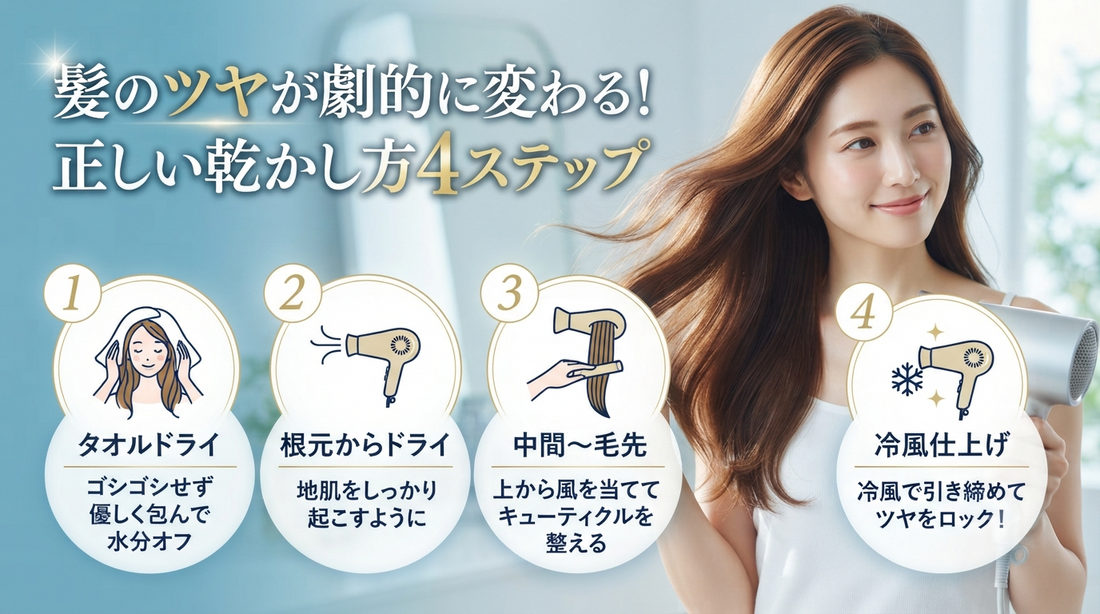 髪のツヤが劇的に変わる！正しい乾かし方4ステップ